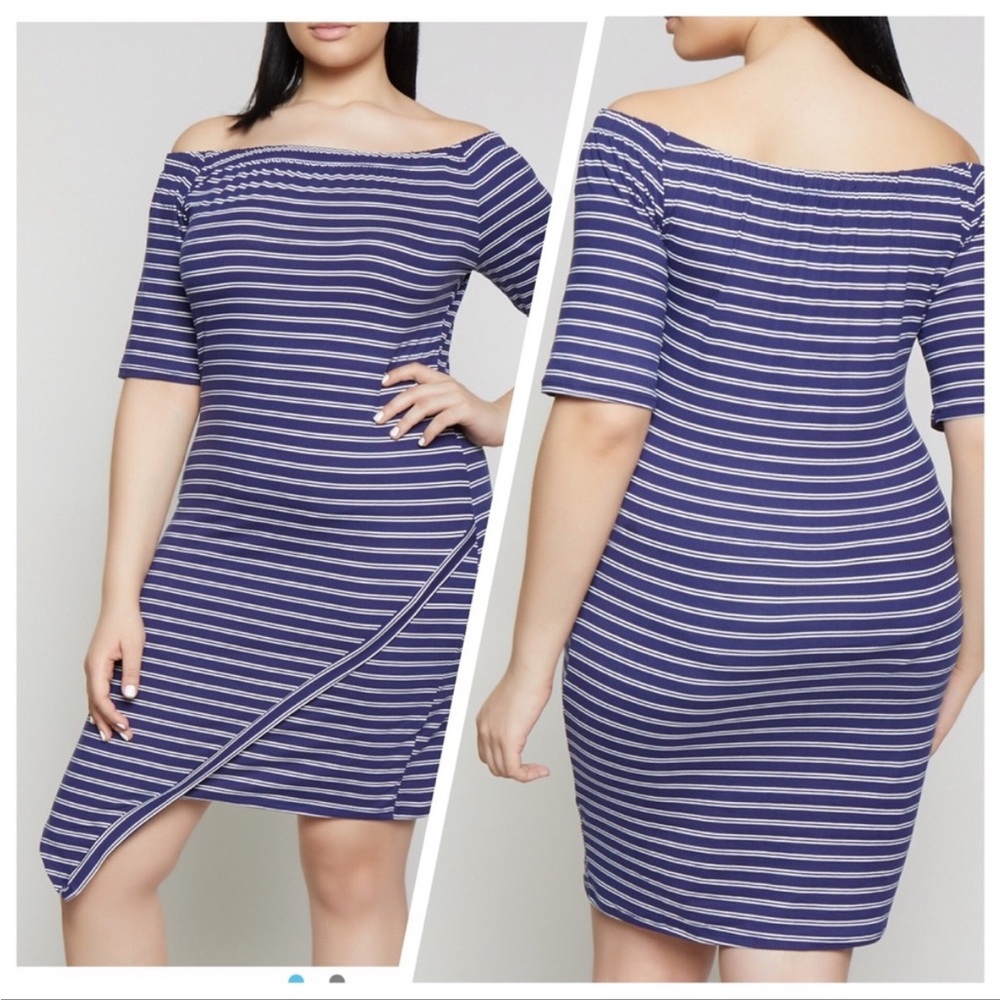 Nautical Navy & White Striped Off-Shoulder Dress•1X-3X